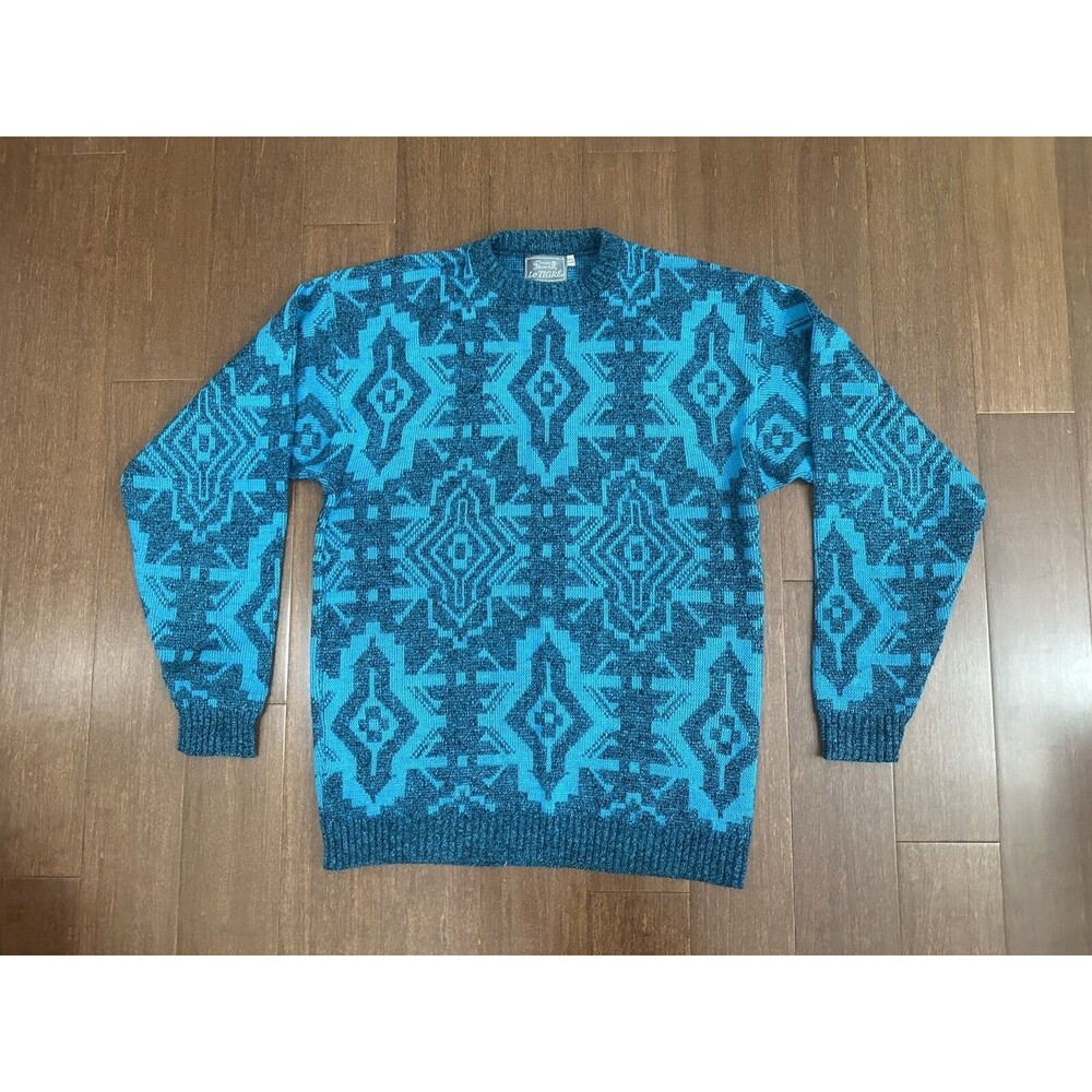 Vintage Le Tigre Blue Cosby Geometric Sweater Made in USA Mens Tall XL